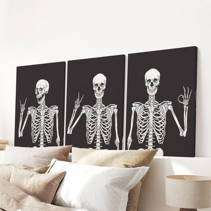 Halloween Skeleton Wall Art Set. 3 Piece Black Gothic Prints