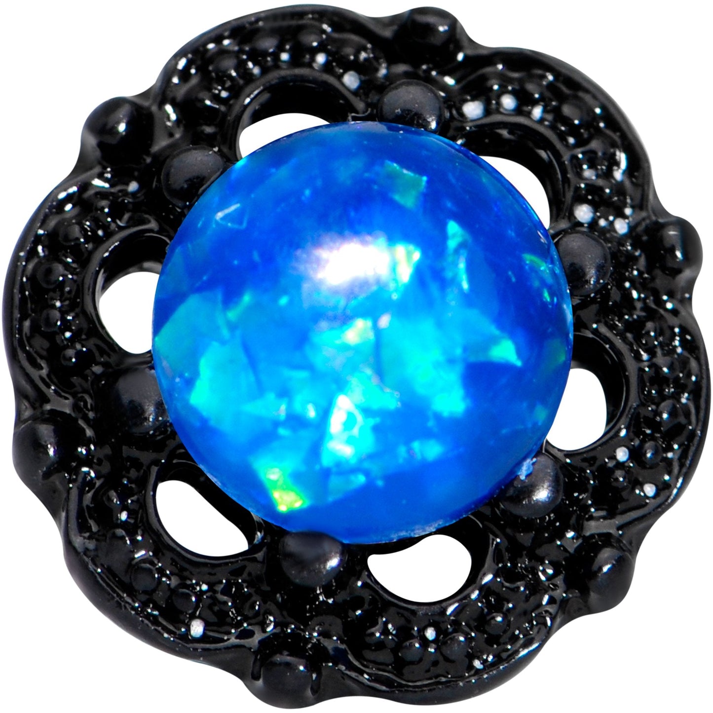 16G 1/4 Black PVD Blue Faux Opal Ornate Tragus Cartilage Earring