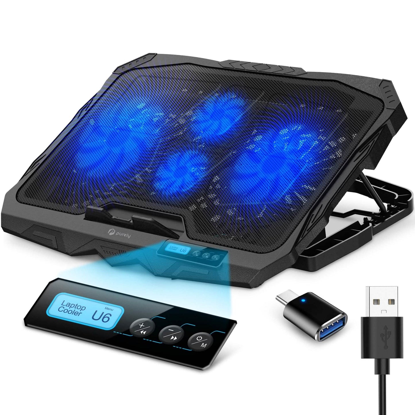 Purely Laptop Cooling Pad, 6 Adjustable Height Laptop Stand, 4 Fans: 3 Fan Modes + 6 Speeds, LED Display, 2 USB Ports