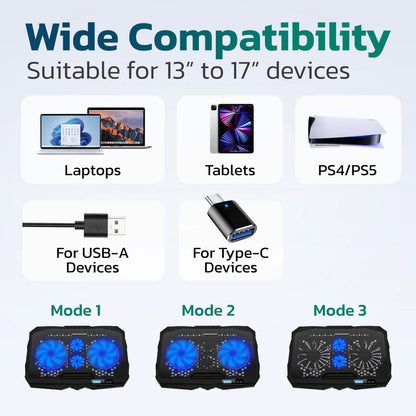 Purely Laptop Cooling Pad, 6 Adjustable Height Laptop Stand, 4 Fans: 3 Fan Modes + 6 Speeds, LED Display, 2 USB Ports