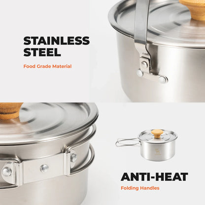 304 Stainless Steel 5-Piece Camping Cookware Set with Teflon Coating