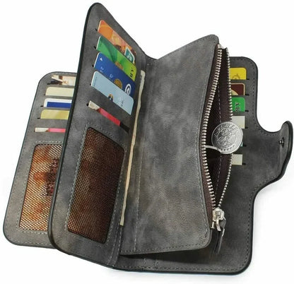 Vintage Faux Leather Long Wallet – Trifold Credit Card Holder with Snap & Zipper