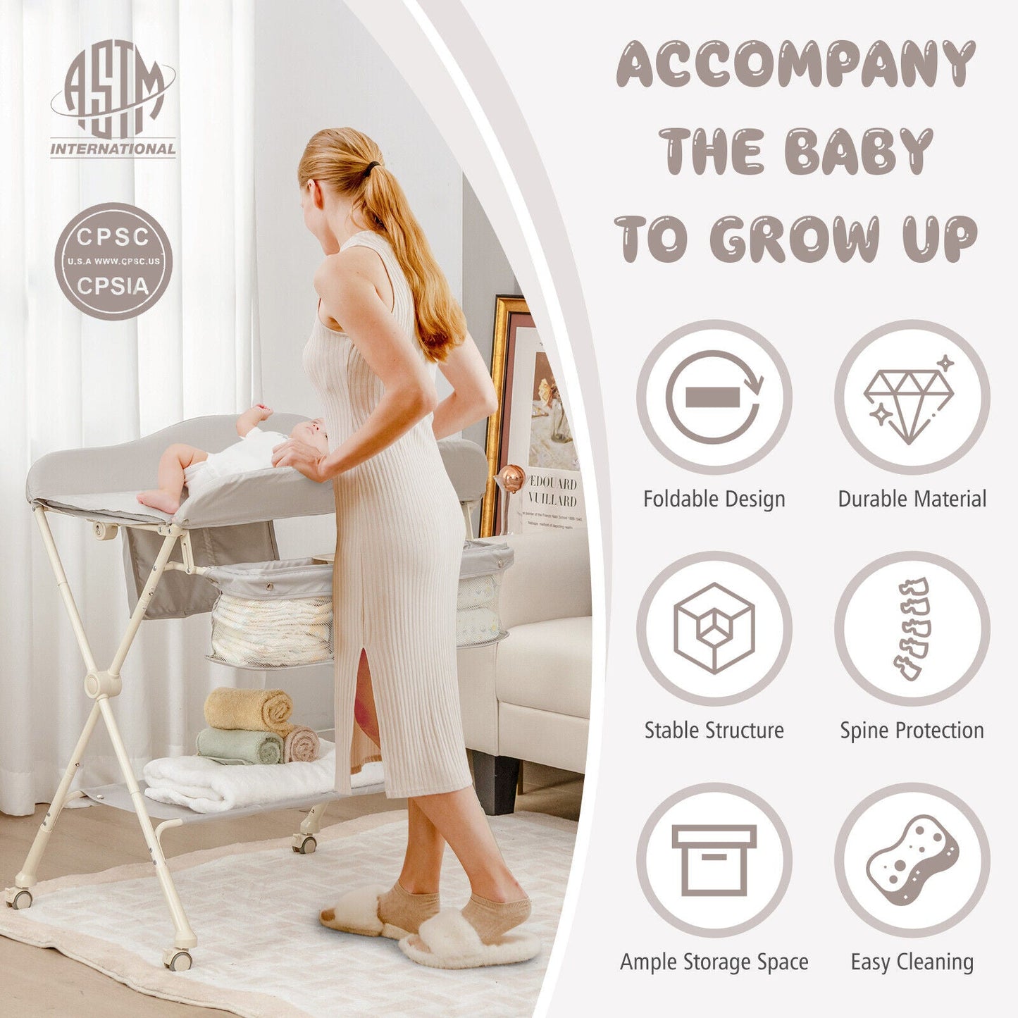 Baby Diaper Changing Table with Water Basin Wheel-Gray