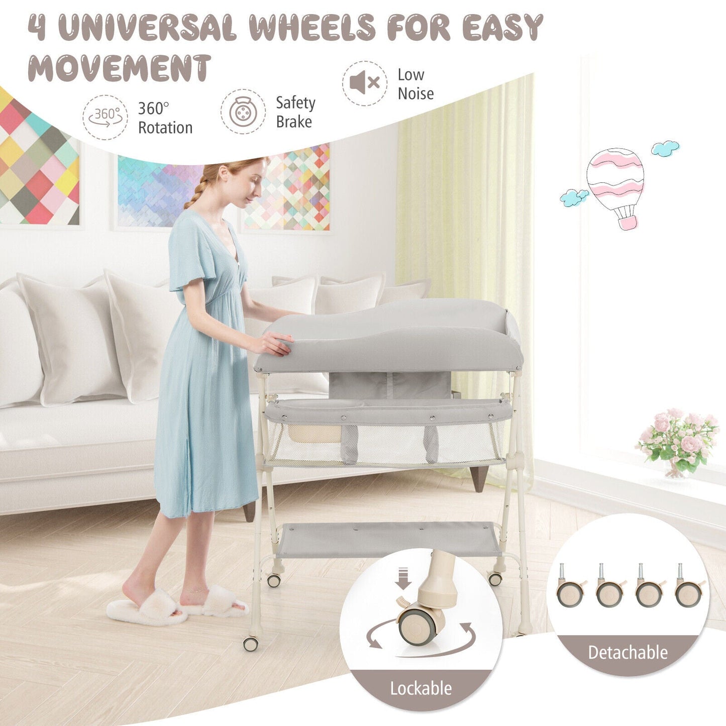 Baby Diaper Changing Table with Water Basin Wheel-Gray