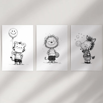 Black White Gender-Neutral Nursery Art Set. Lion Tiger Zebra