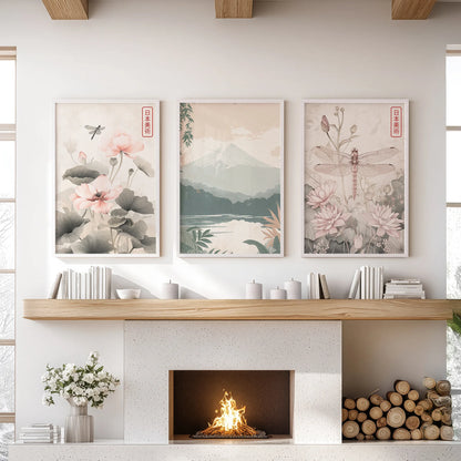Japandi Style Set of 3 Wall Art. Floral and Mountain Prints