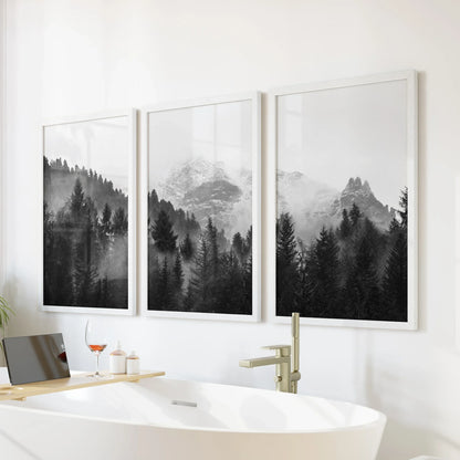 Black White Forest Triptych. Misty Mountains Nature Posters