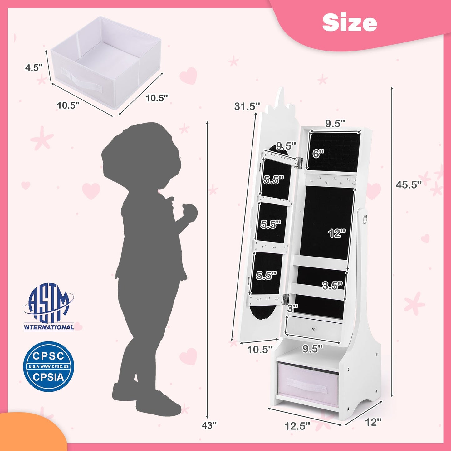 Kids Jewelry Armoire Cabinet with Storage and 2 Tilt Angles-White
