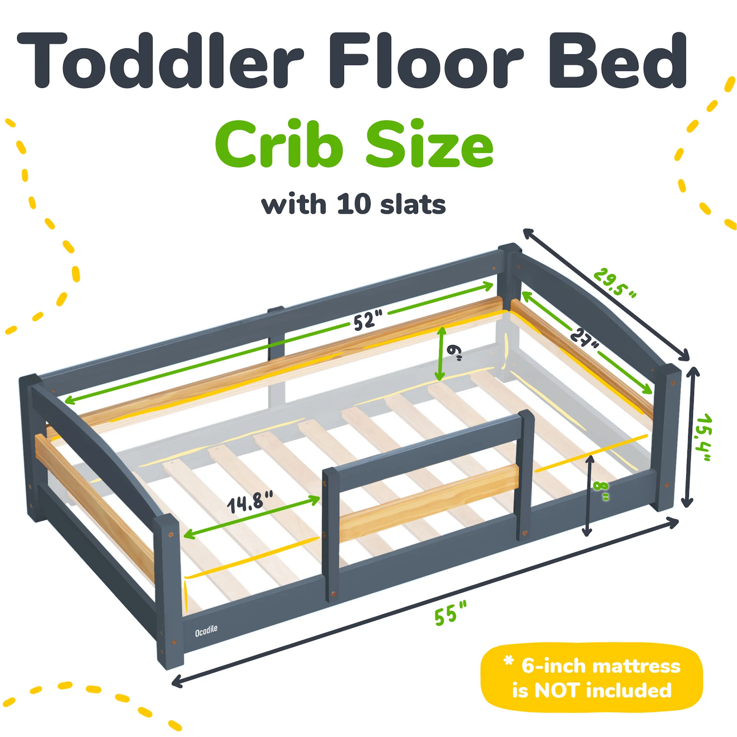 Crib Size Wooden Floor Bed with Safety Rails for Toddlers Age 1–3