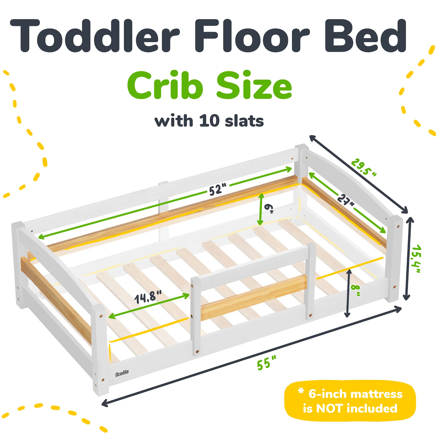 Crib Size Wooden Floor Bed with Safety Rails for Toddlers Age 1–3