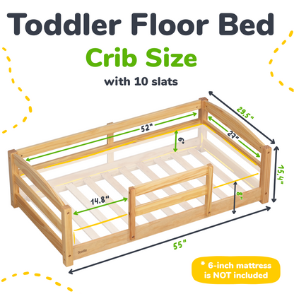 Crib Size Wooden Floor Bed with Safety Rails for Toddlers Age 1–3