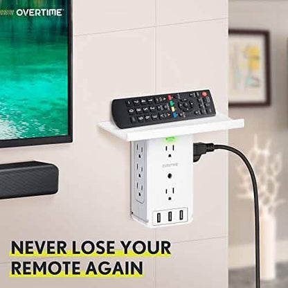 Universal Wall Charger and Outlet Shelf, 6x Outlet Extender, Surge Protector, 3x USB Port