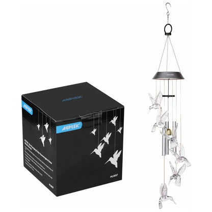 Solar Color Changing LED Hummingbird Wind Chimes Light Tubes Bells Lamp Outdoor