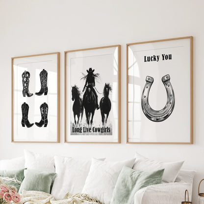 Western Cowgirl Wall Art Set of 3. Rustic Ranch Decor