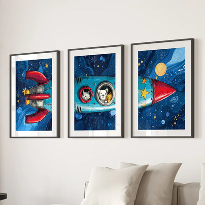 Outer Space Kids Wall Art. Rocket and Stars Nursery Prints