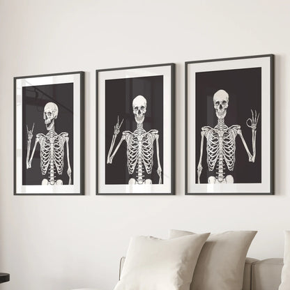 Halloween Skeleton Wall Art Set. 3 Piece Black Gothic Prints