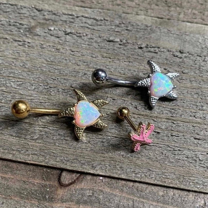 White Synthetic Opal Gold Tone Heart Starfish Nautical Belly Ring