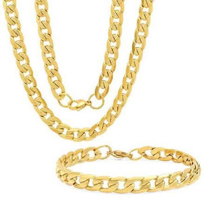 Steeltime Men's 8mm Stainless Steel Diamond Cut Cuban Link Chain Necklace and Bracelet