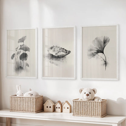 Minimalist Japanese Set of 3 Prints. Black and White Flowers Decor