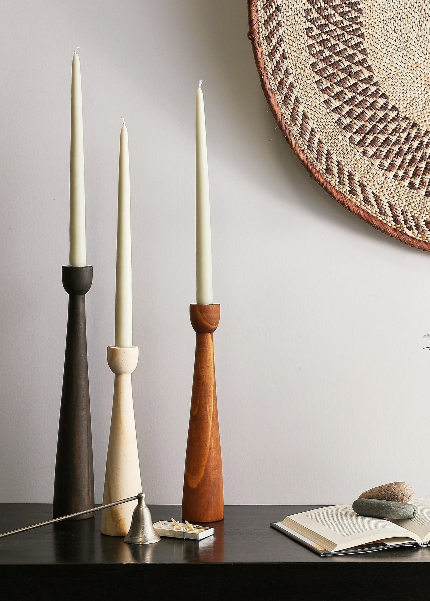 Tapered Candlestick Holder Pine Wood Cognac, Espresso, Natural