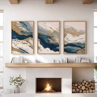Gold & Blue Brush Strokes. Luxury 3 Piece Abstract Wall Art