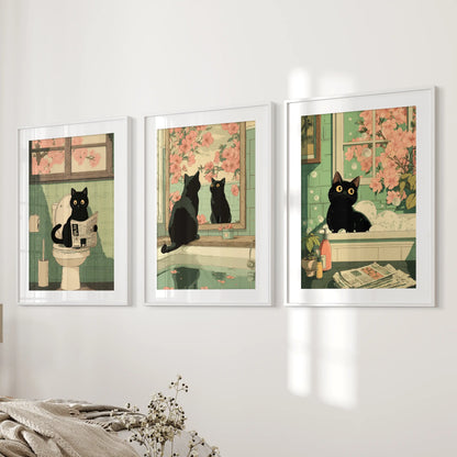 Funny Bathroom Poster. Japan Cat Pooping Wall Art Set of 3
