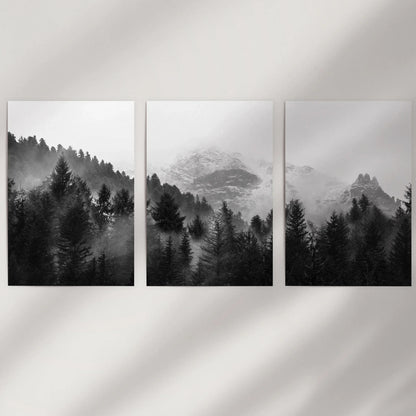 Black White Forest Triptych. Misty Mountains Nature Posters