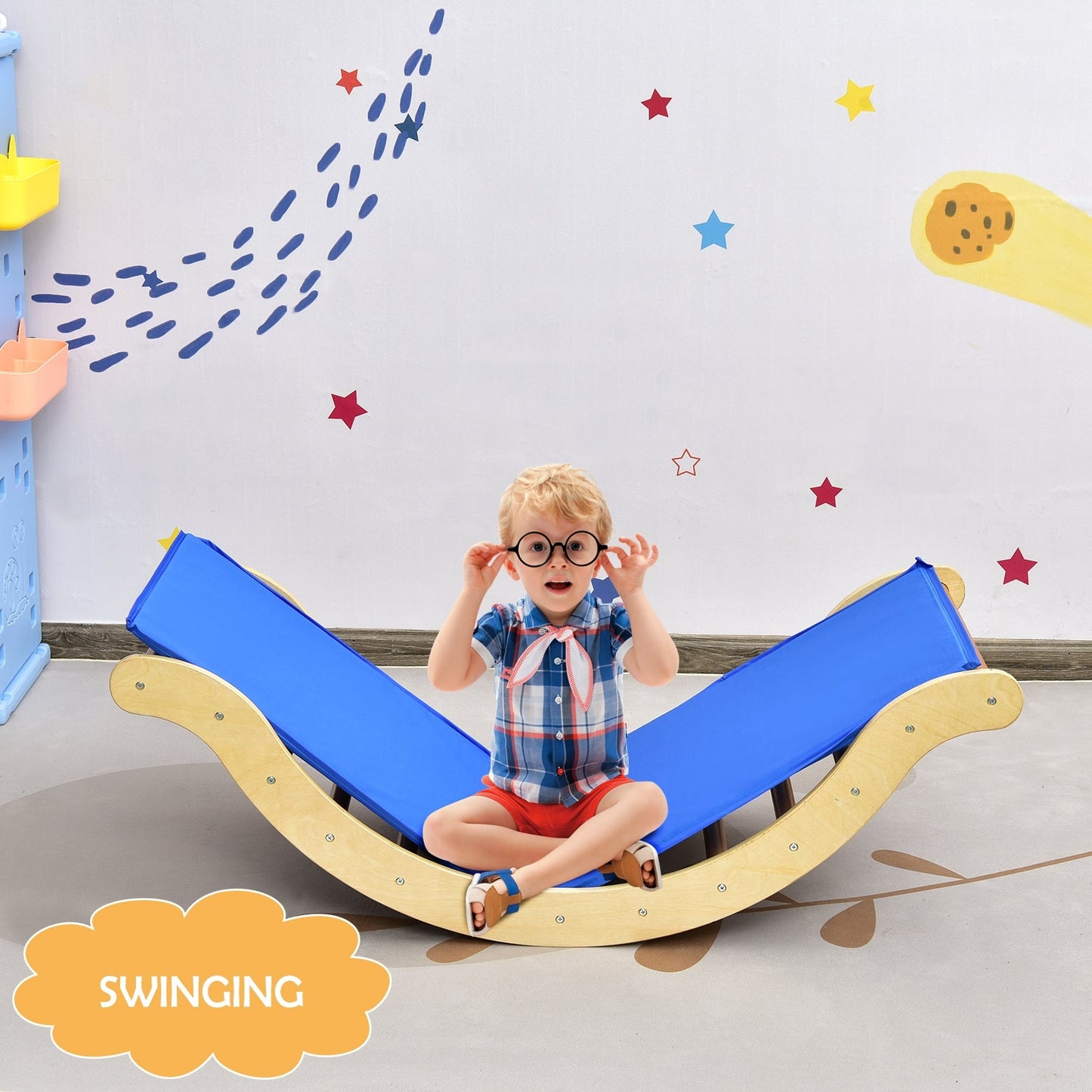 3-in-1 Kids Wooden Arch Triangle Rocker Climber Set with Ramp and Mat