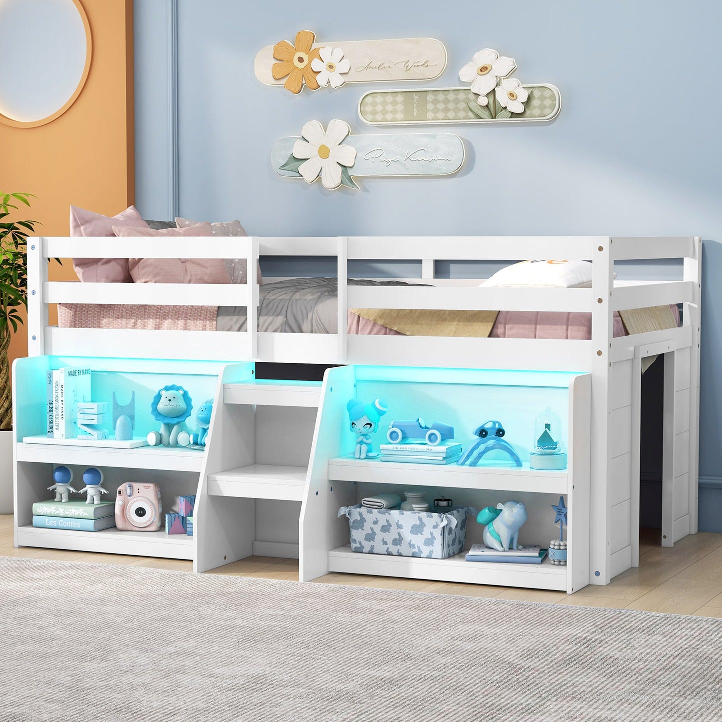 Twin Size Loft Bed with LED Lights with Staircase and Safety Guardrail-White