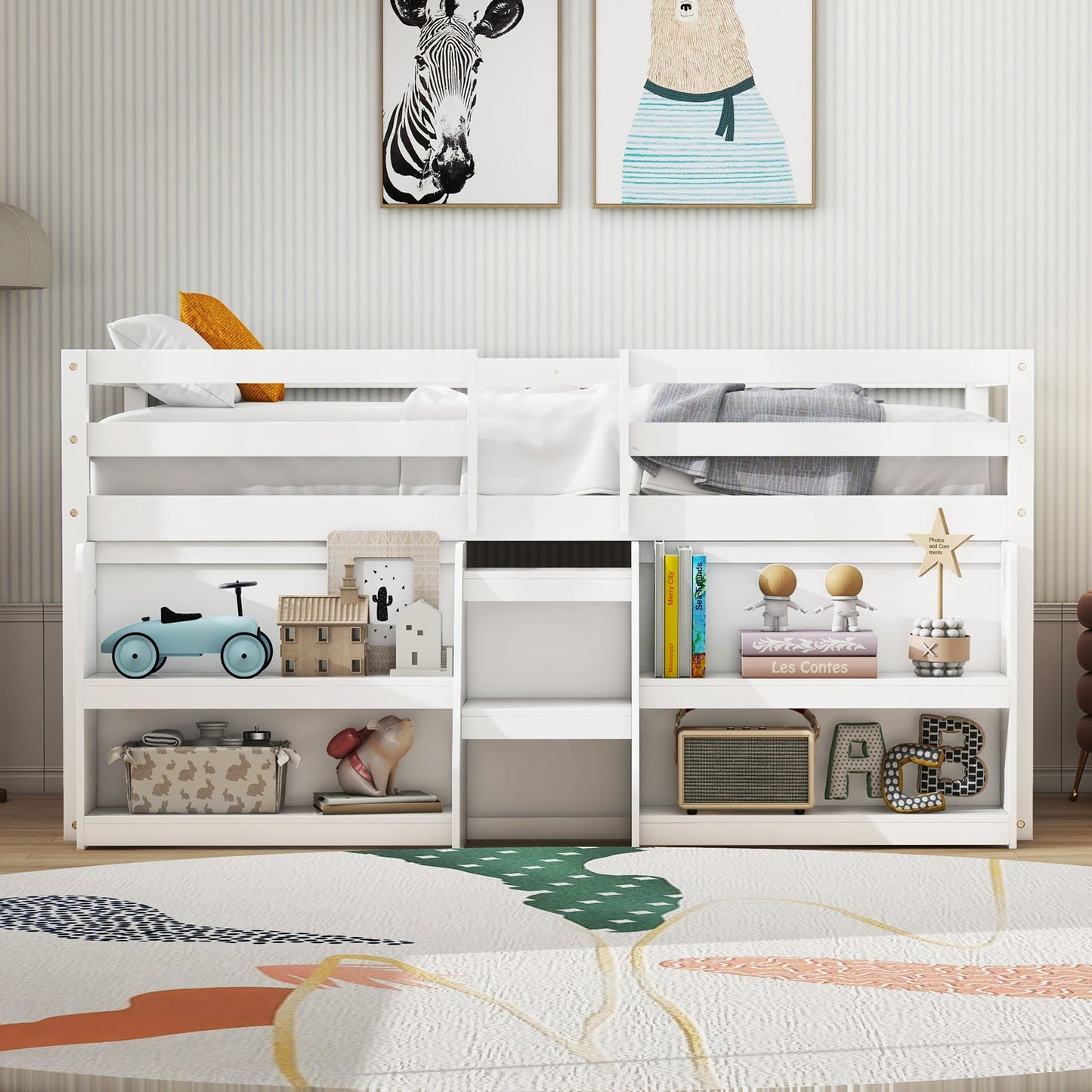 Twin Size Loft Bed with LED Lights with Staircase and Safety Guardrail-White