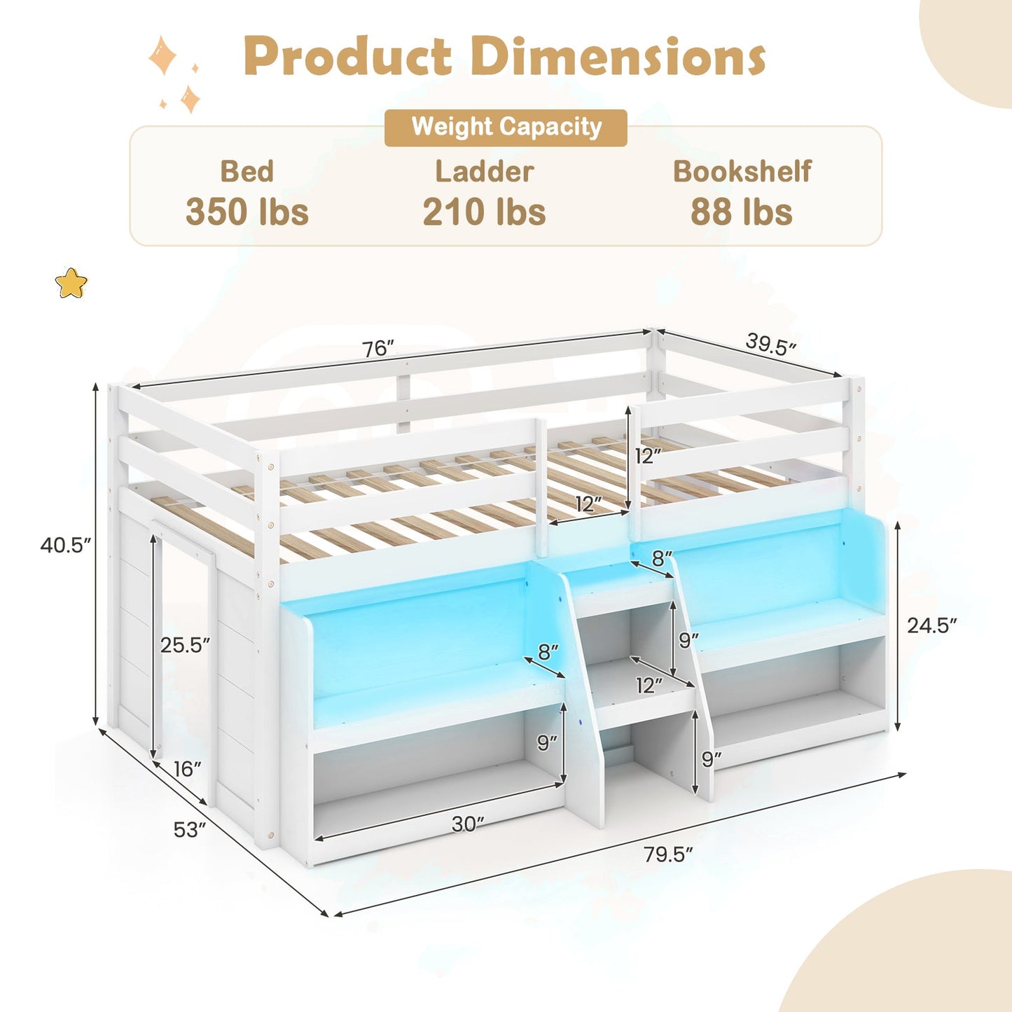 Twin Size Loft Bed with LED Lights with Staircase and Safety Guardrail-White