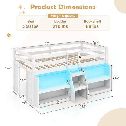 Twin Size Loft Bed with LED Lights with Staircase and Safety Guardrail-White