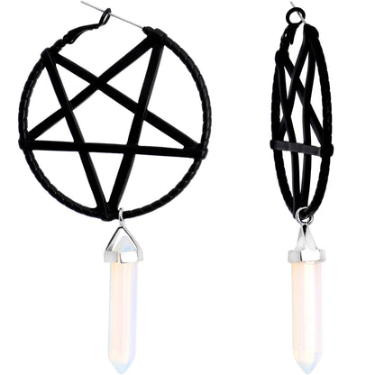 Opalite Stone Black Star Pentagram Tunnel Plug Earrings