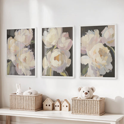 Moody Pink and White Peonies Art. Floral Set of 3 Prints