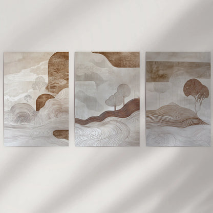 Wabi Sabi Line Art Set of 3 Prints. Earth Tones Landscape