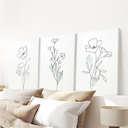 Modern Botanical Line Art Decor. 3 Piece Floral Print Set
