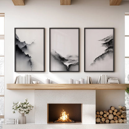 Black White Mountain Landscape Art Set of 3. Calming Nature
