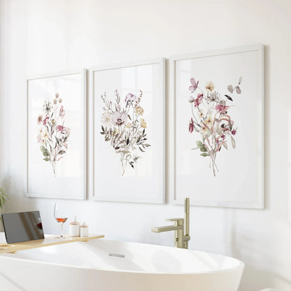 Floral Art Set of 3. Watercolor Wildflower Bouquet Prints