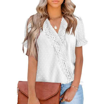 Women's Casual Lace Pom Pom V Neck Chiffon Short Sleeve Top