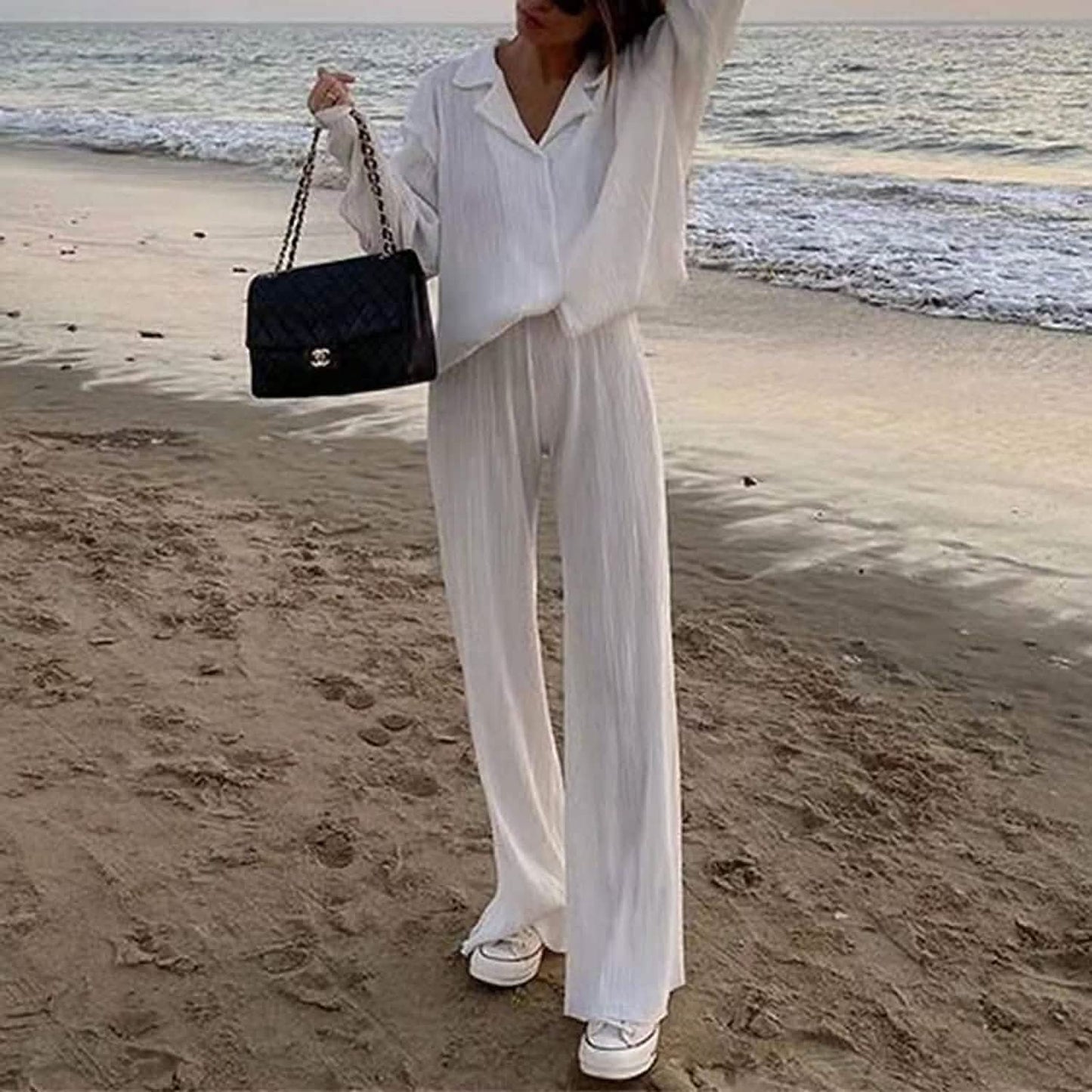 Women's Casual Long Sleeve Button Blouse Top Wide Leg Loose Streetwear Loungewear