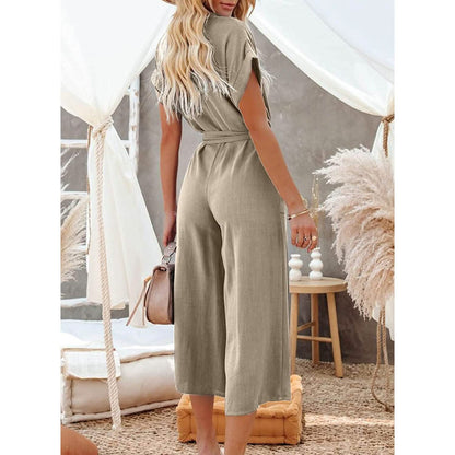 Women's Short Sleeve V Neck Button Belt Wide Leg Jumpsuit