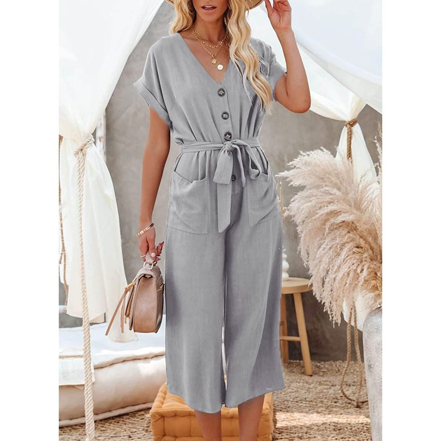Women's Short Sleeve V Neck Button Belt Wide Leg Jumpsuit